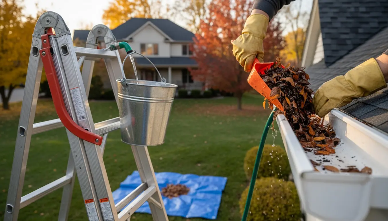 Person uden synligt ansigt renser tagrende og nedløbsrør for efterårsblade fra en stige.