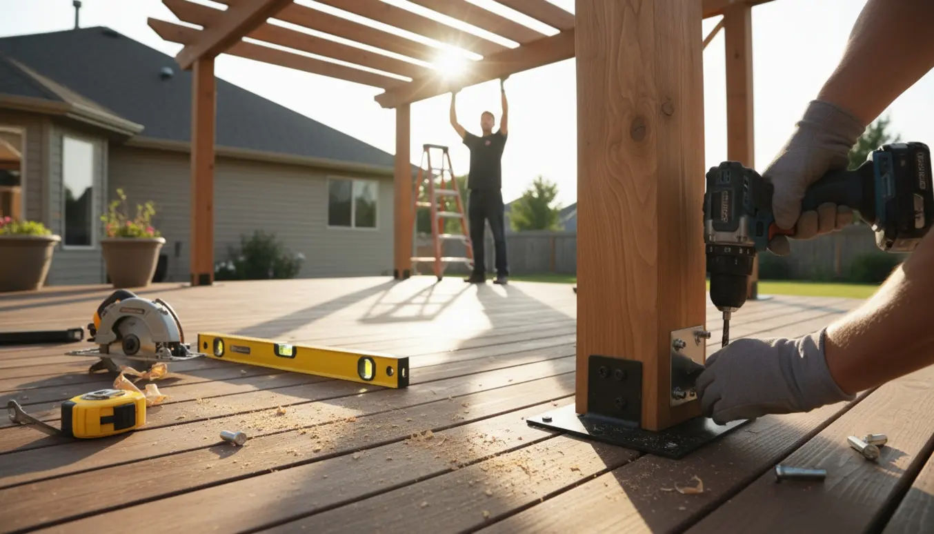 Hænder monterer en træpergola på en terrasse med boremaskine og værktøj i varmt naturligt lys.