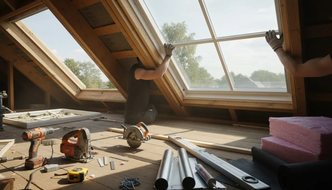 Tagvinduer under montering i et loft, hvor et mindre vindue skiftes til et større og et nyt vindue sættes ved siden af.