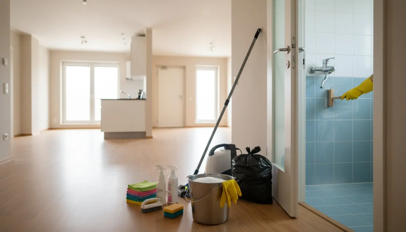 Tom lejlighed med rengøringsudstyr i forgrunden og grundig rengøring af badeværelset i gang.