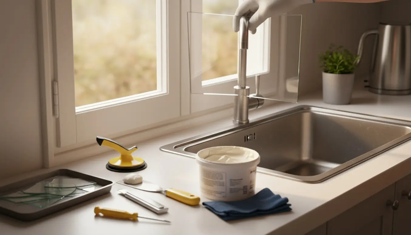 Nærbillede af udskiftning af en lille enkeltlagsrude i et køkkenvindue med handsker og værktøj.