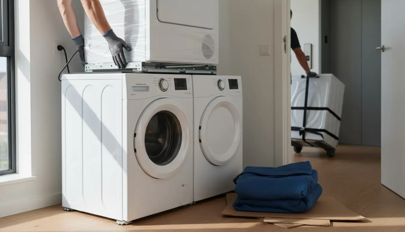 Ny tørretumbler sættes oven på vaskemaskinen, mens den gamle køres væk på en sækkevogn mod elevatoren.