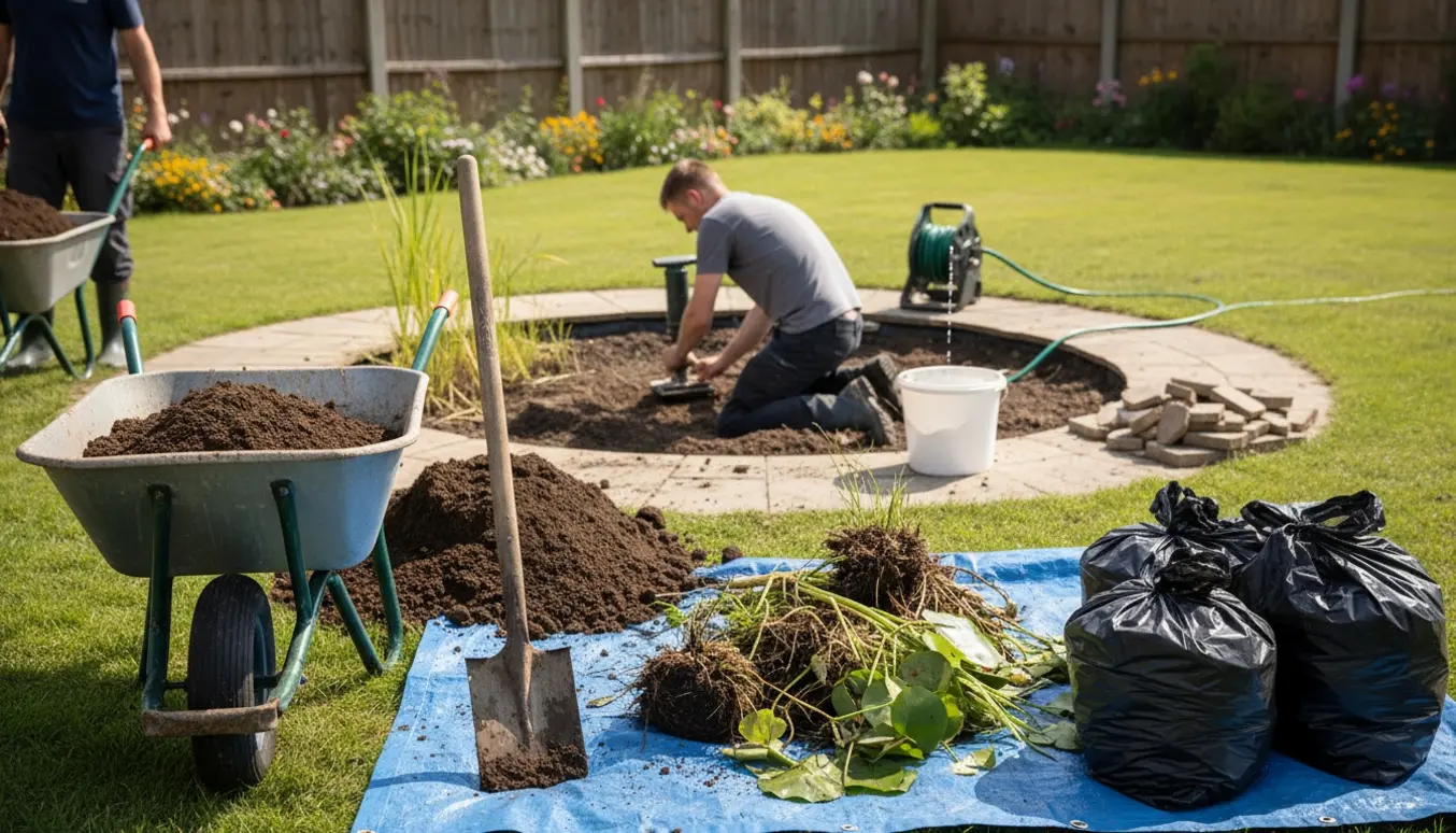 Havearbejde med fjernelse af en lille havesø: trillebør, skovle, jord og afklippede planter klar til bortskaffelse.
