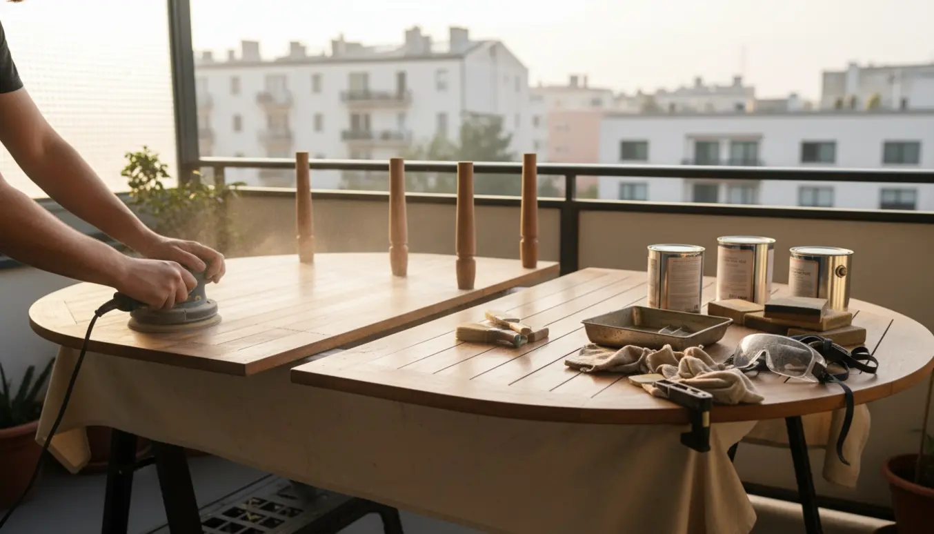 Et teakspisebord på en overdækket altan bliver slebet og behandlet med olie/lak, hænder arbejder på bordpladen med værktøj omkring.