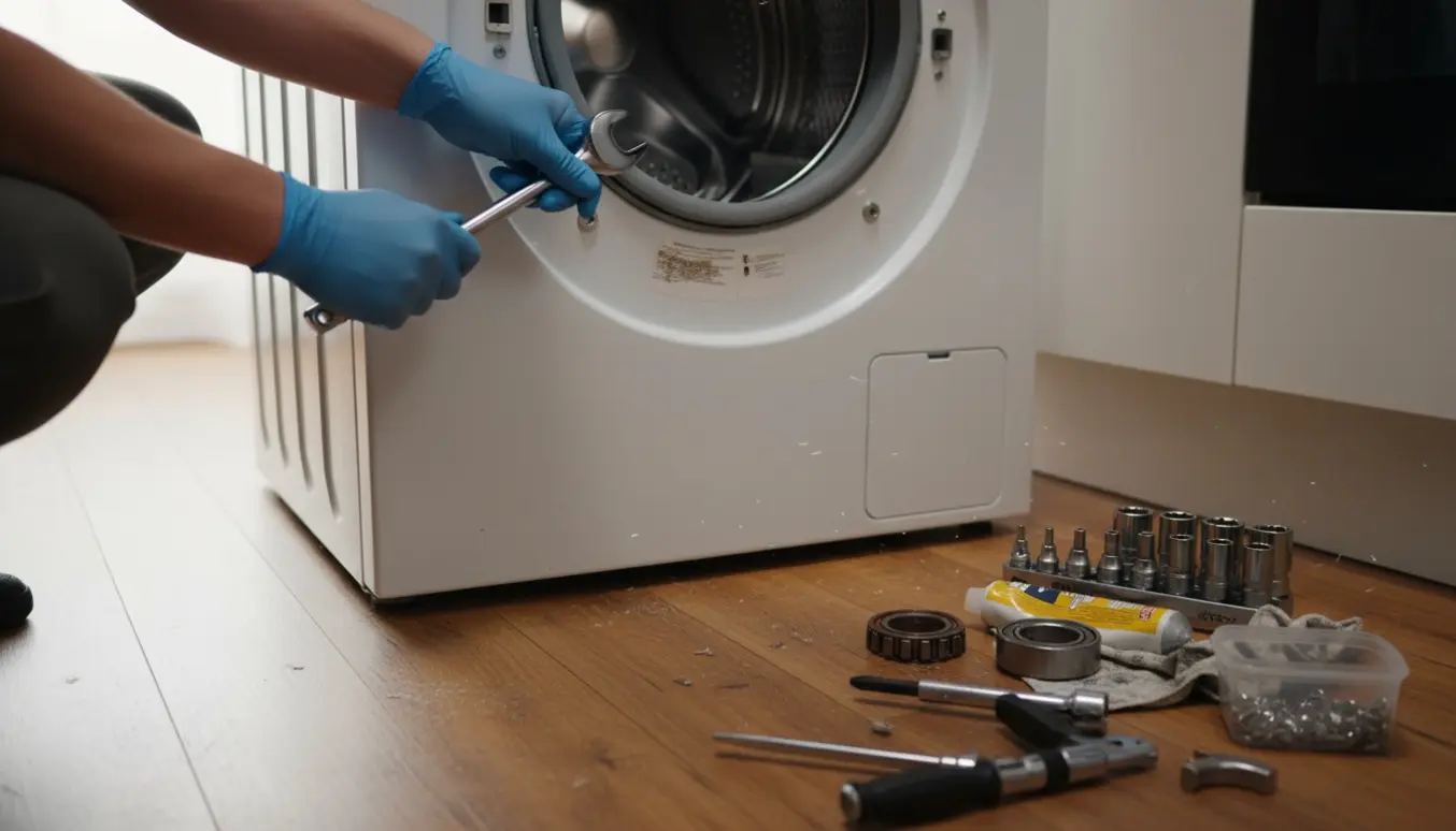 Vaskemaskine trukket ud i køkkenet med åben tromle, plastikstykker og værktøj til reparation.