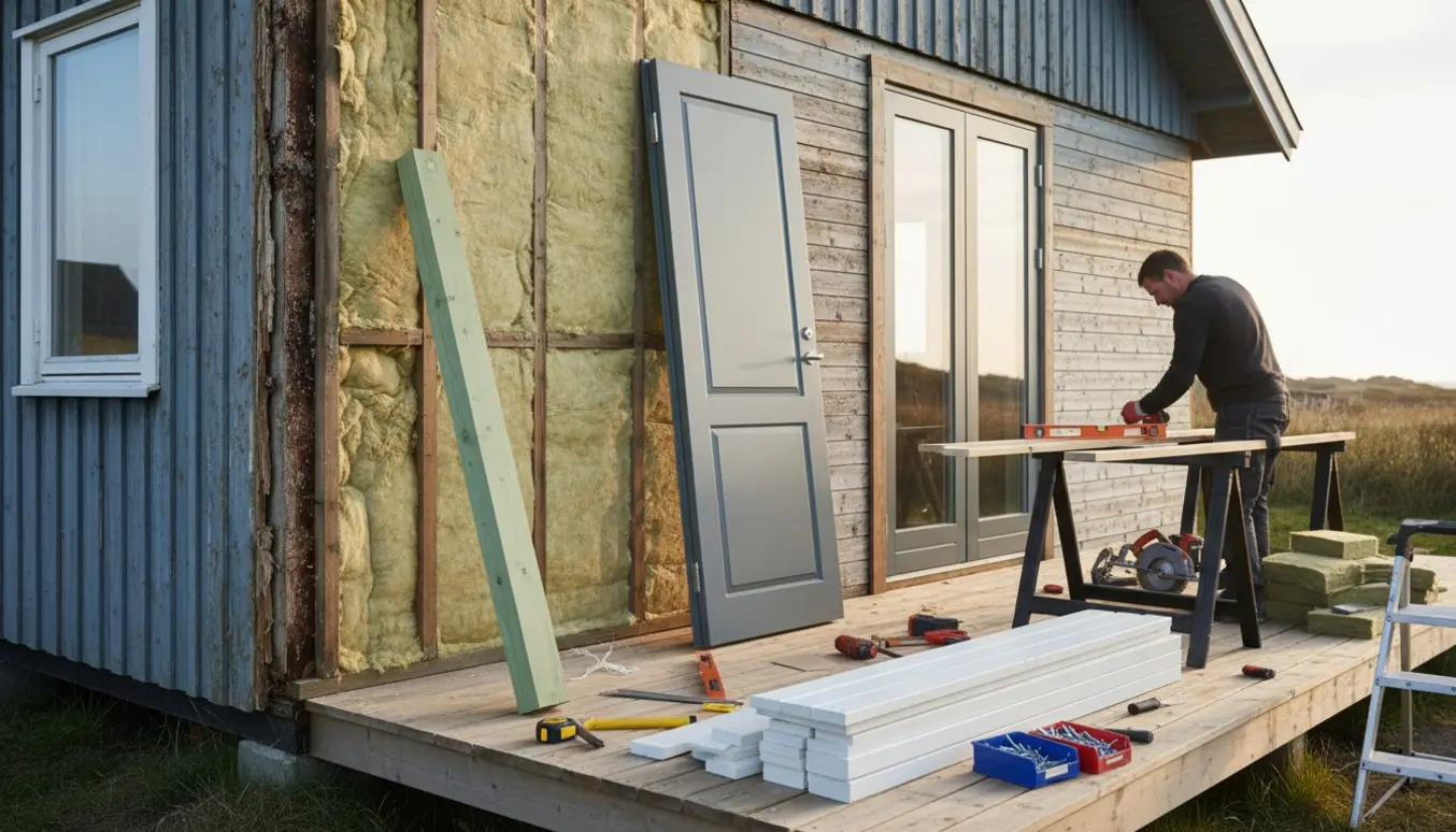 Renovering af træfacade på et gammelt 1960'er sommerhus med nye brædder, isolering og dørramme.