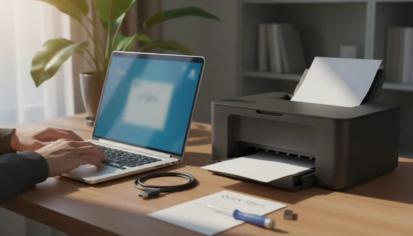 En laptop og en printer på et skrivebord med en blank udskrift og en løs USB-kabel, der antyder problemer med udskrivning efter installation af Windows.