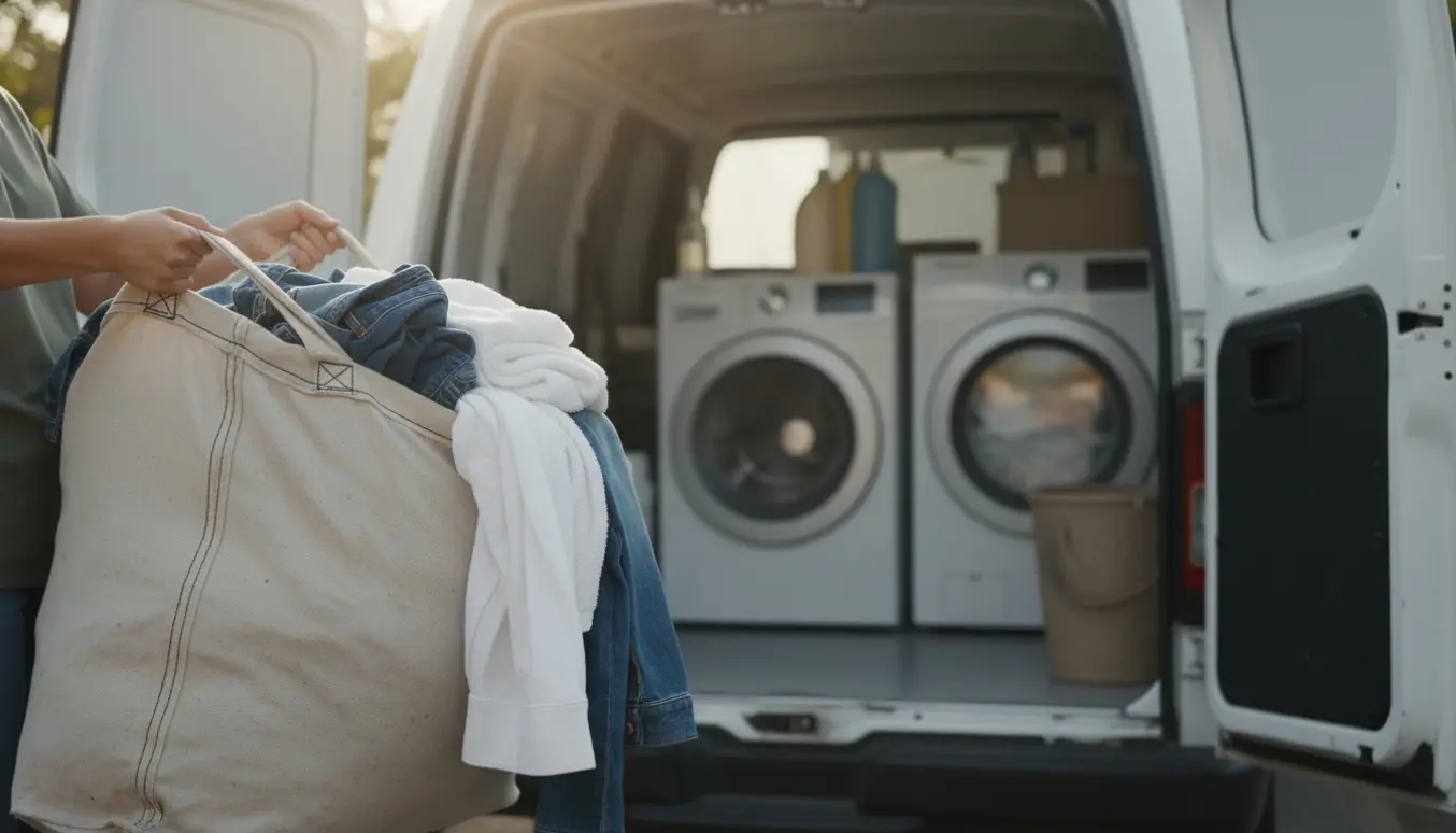 Stor fyldt vasketaske løftes ind i en servicevogn ved en boligindgang, klar til afhentning og vask.
