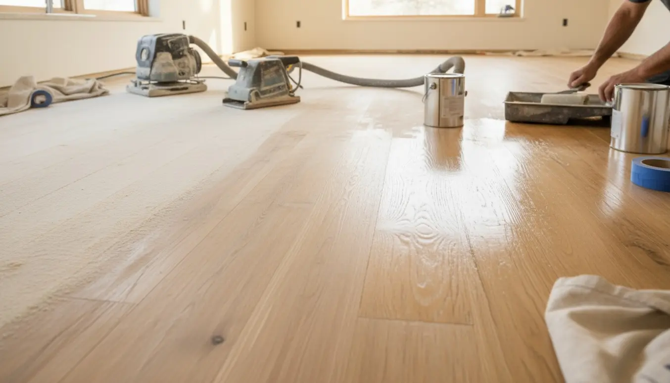 Lyst rum med trægulv under renovering, delvist slibet og delvist nylakeret med værktøj i baggrunden.