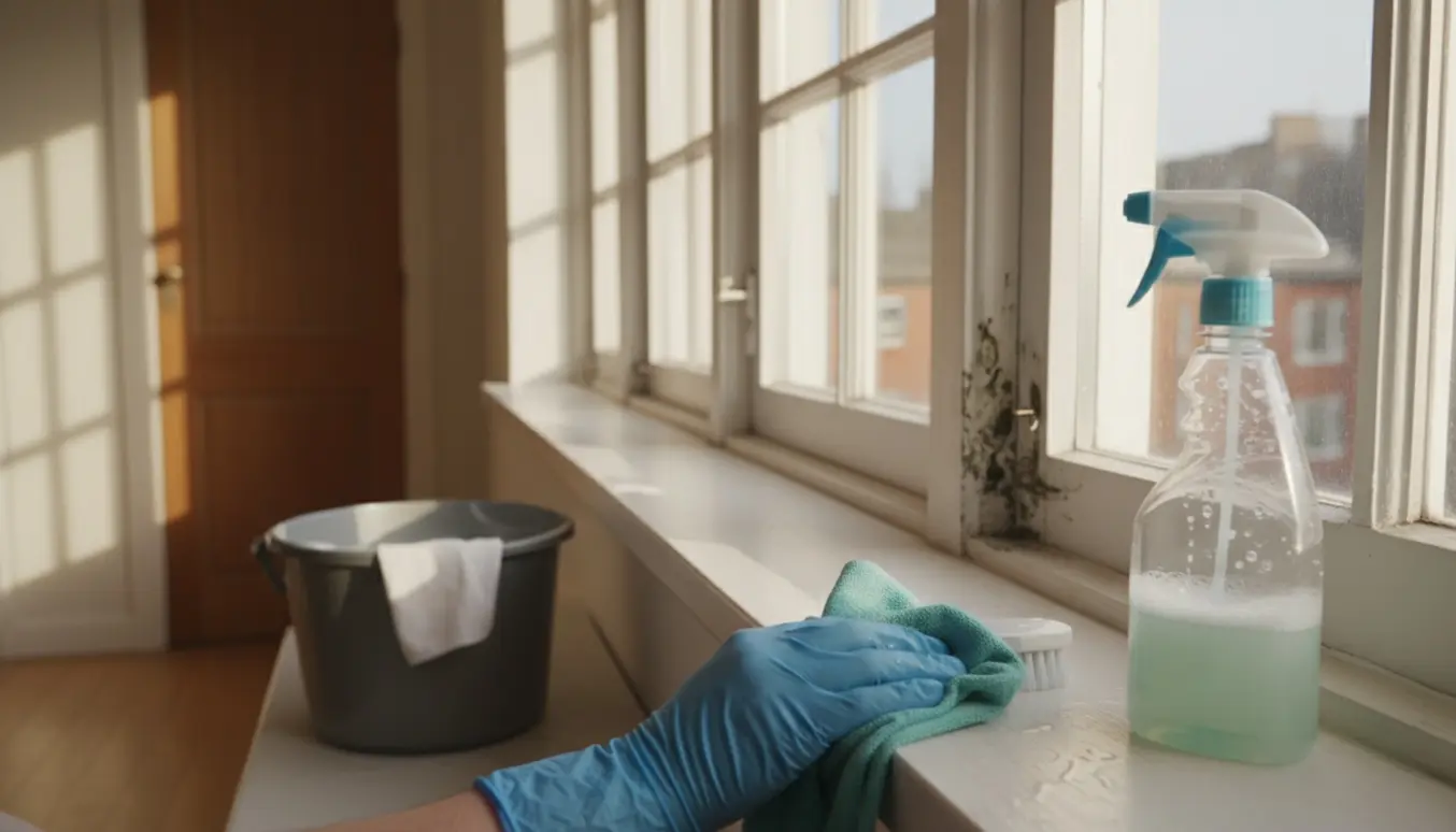 Handskerede hænder vasker skimmel af en vindueskarm med klud og spand, fire vinduer i baggrunden.