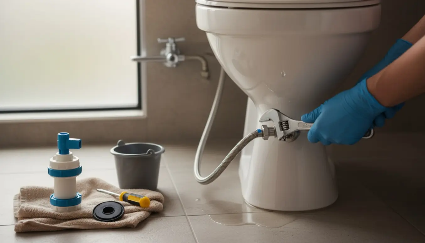 Hænder reparerer et åbent toilet med cisternens indre og værktøj ved siden af.