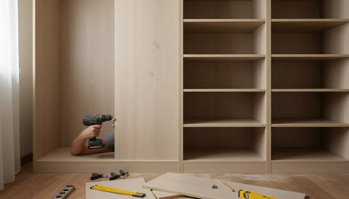 Indbygget skab under montering med midtervæg i MDF og seks hylder i højre side samt værktøj foran.