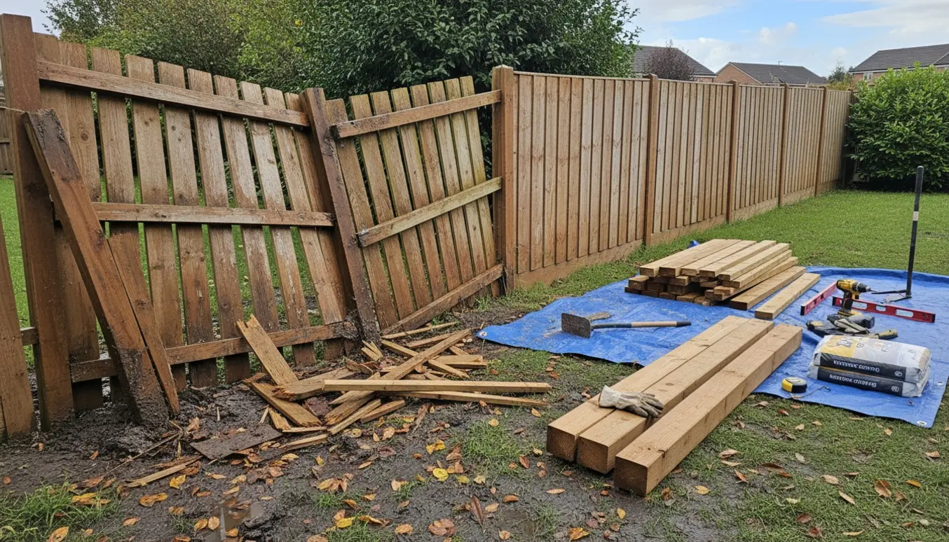 Stormskadet træhegn med tre ødelagte fag og nye 180x180-stolper og hegnsfag klar til udskiftning.