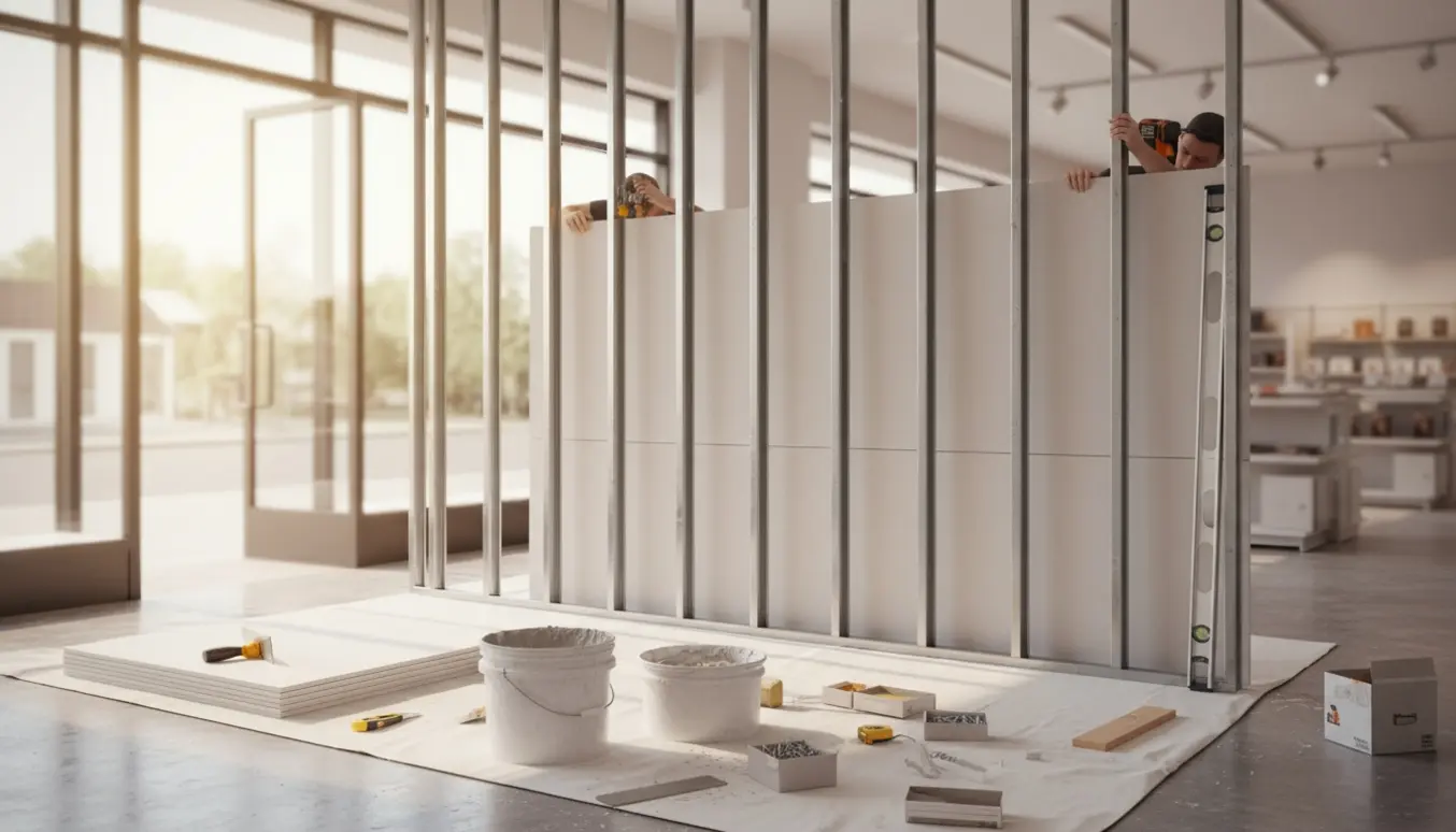 Tømrere monterer en dobbelt gipsvæg midt i en butik foran glasfacaden med værktøj og materialer omkring sig.
