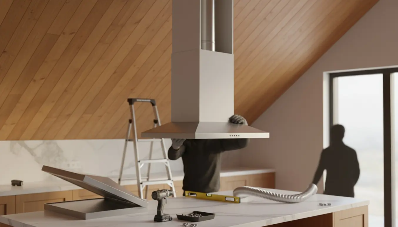 Installatør monterer ny frithængende emhætte under en åben skorstenskasse i et lyst køkken.