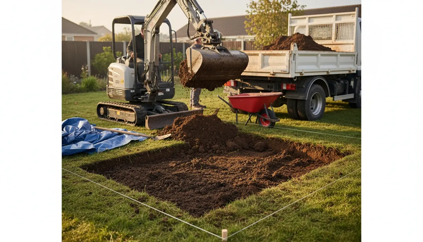 En minigraver læsser opgravet havejord i en tipperlastbil ved et gravet stykke græsplæne.