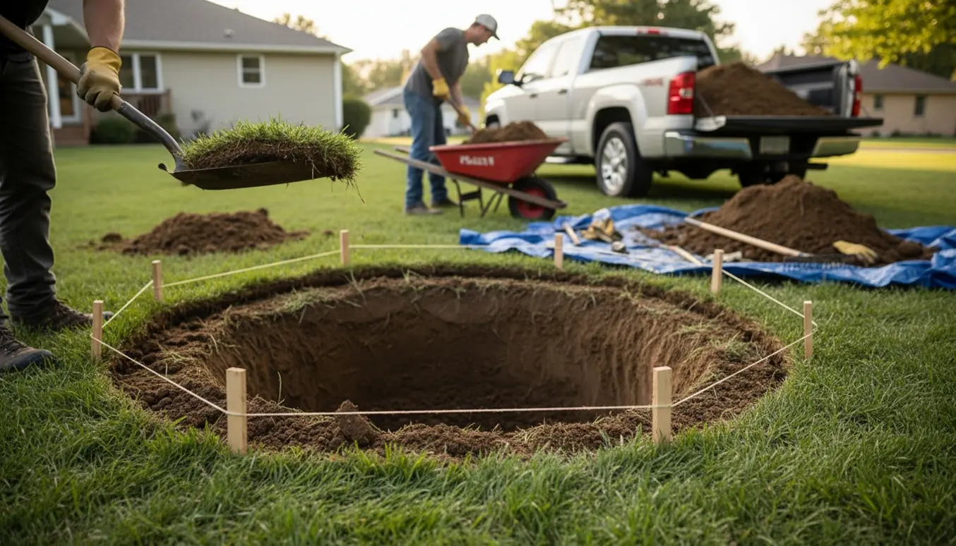 Udgravning til rund trampolin i baghaven med spade, trillebør og jord klar til bortkørsel.