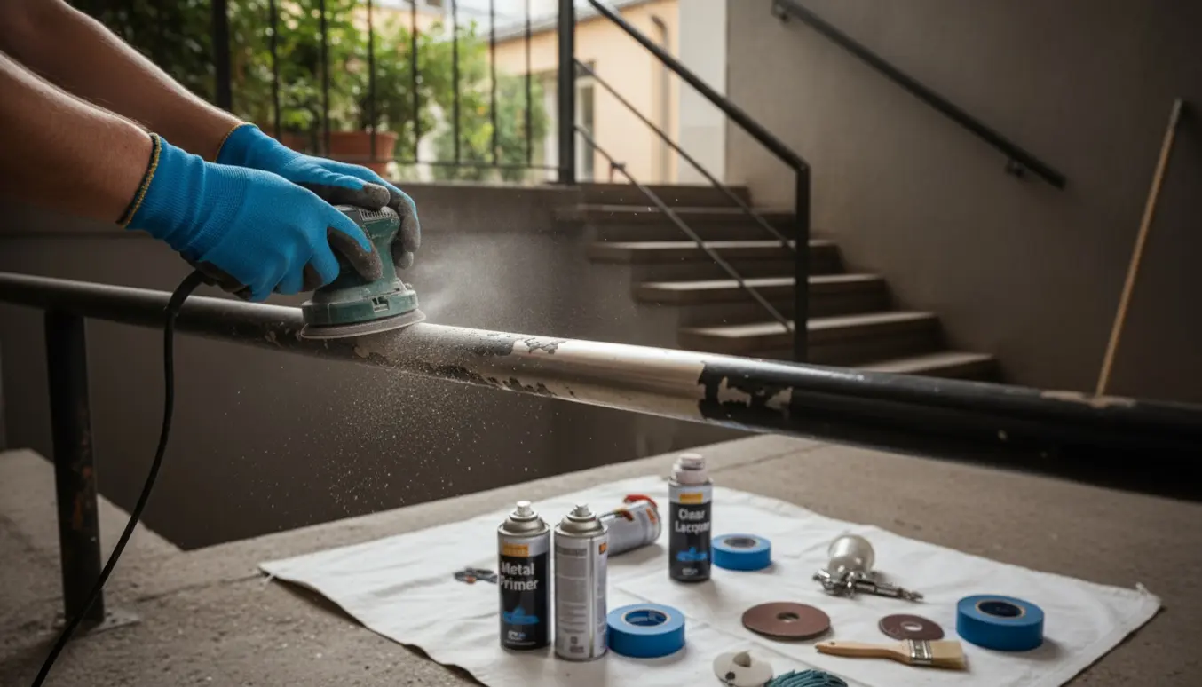 Slibning og lakering af stålgelænder ved entré, kælder og altan.