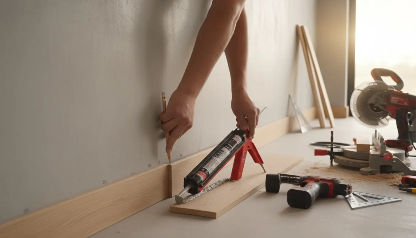 Håndværker monterer fodliste med præcis 45° skæring og værktøj langs en jævn betonvæg.