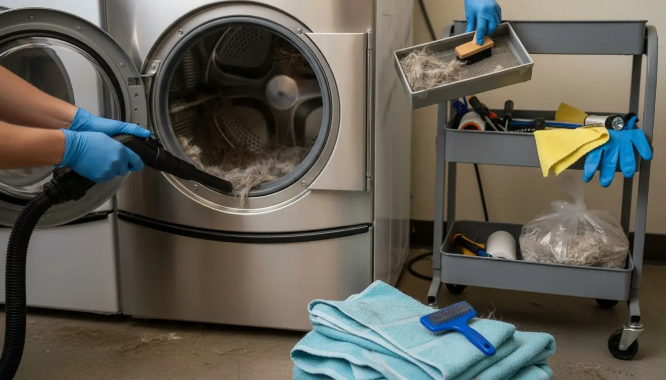 Hænder renser hundehår fra en åben vaskemaskinedrum i en hundesalons vaskerum.