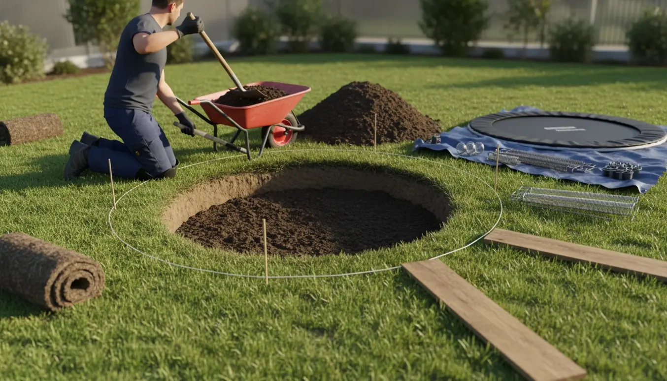 Udgravning til indbygget trampolin i græsplænen med opstablet jord, trillebør og rullede græstørv.