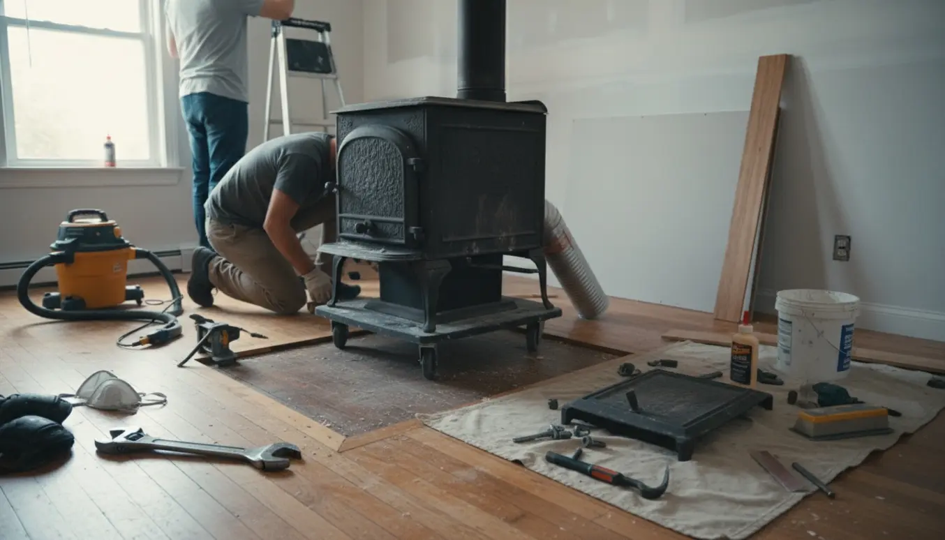 Håndværkere fjerner en gammel brændeovn og reparerer gulv og loft med værktøj klar til bortskaffelse.