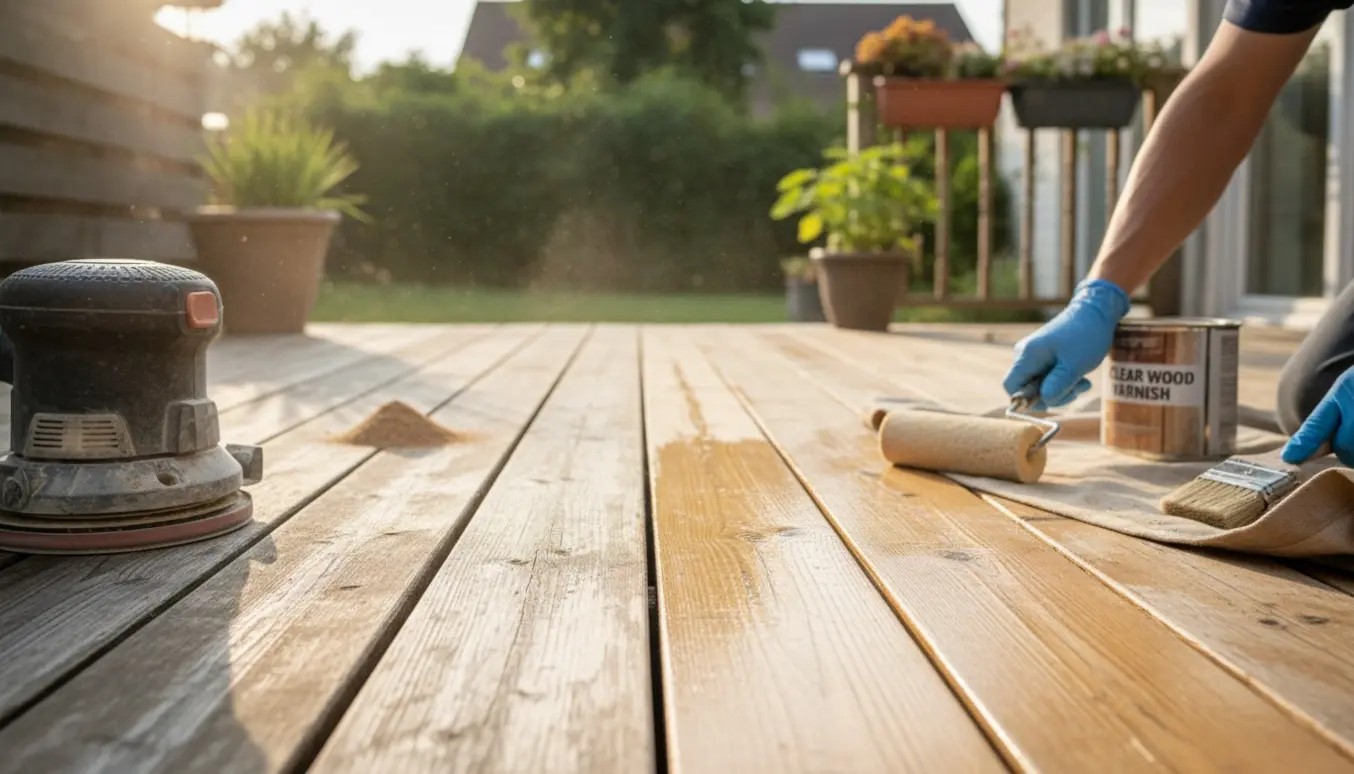 Træterrasse under let slibning og lakering med sliber, pensel og åben lakdåse i naturligt sollys.