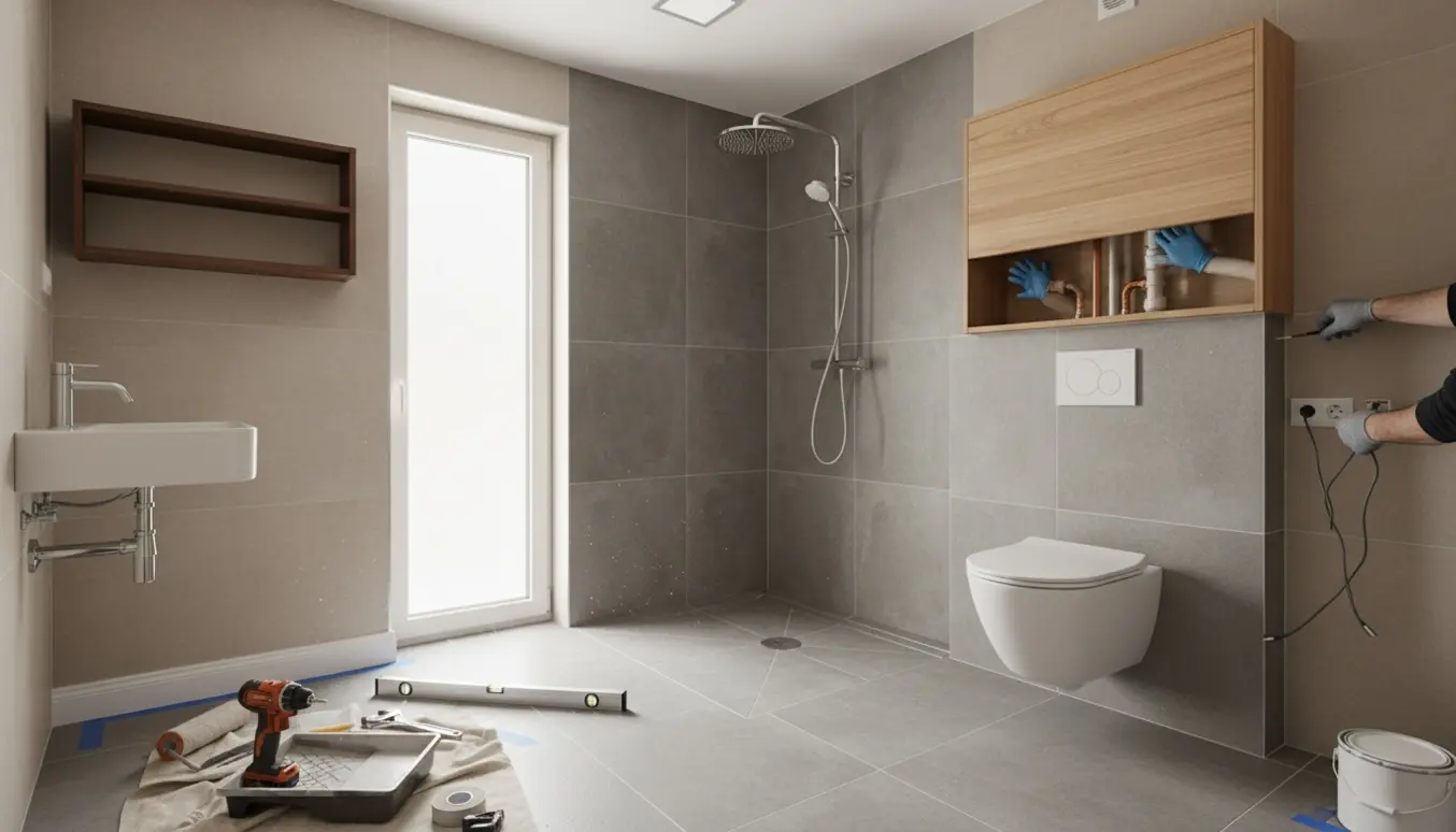 Badeværelse under renovering med bruseområde over gulvafløb, væghængt toilet og skab over indbygget cisterne.