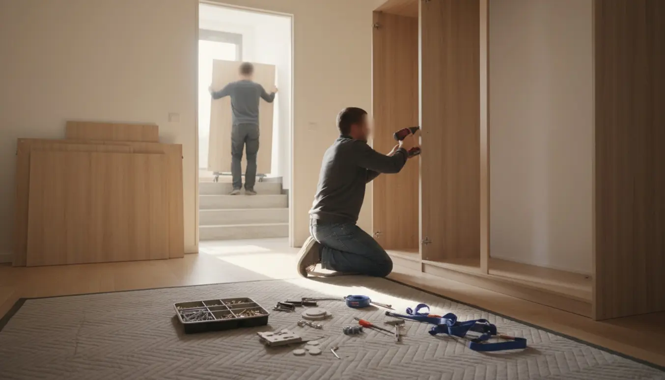 To personer flytter og monterer et træskab i en solfyldt lejlighed med værktøj i forgrunden.