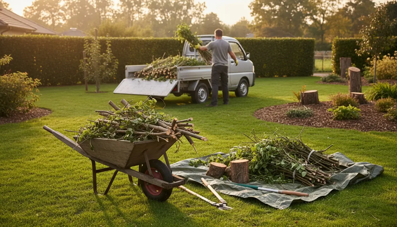 Trailer og trillebør fyldt med beskårne grene og haveaffald klar til afhentning i en villahave.