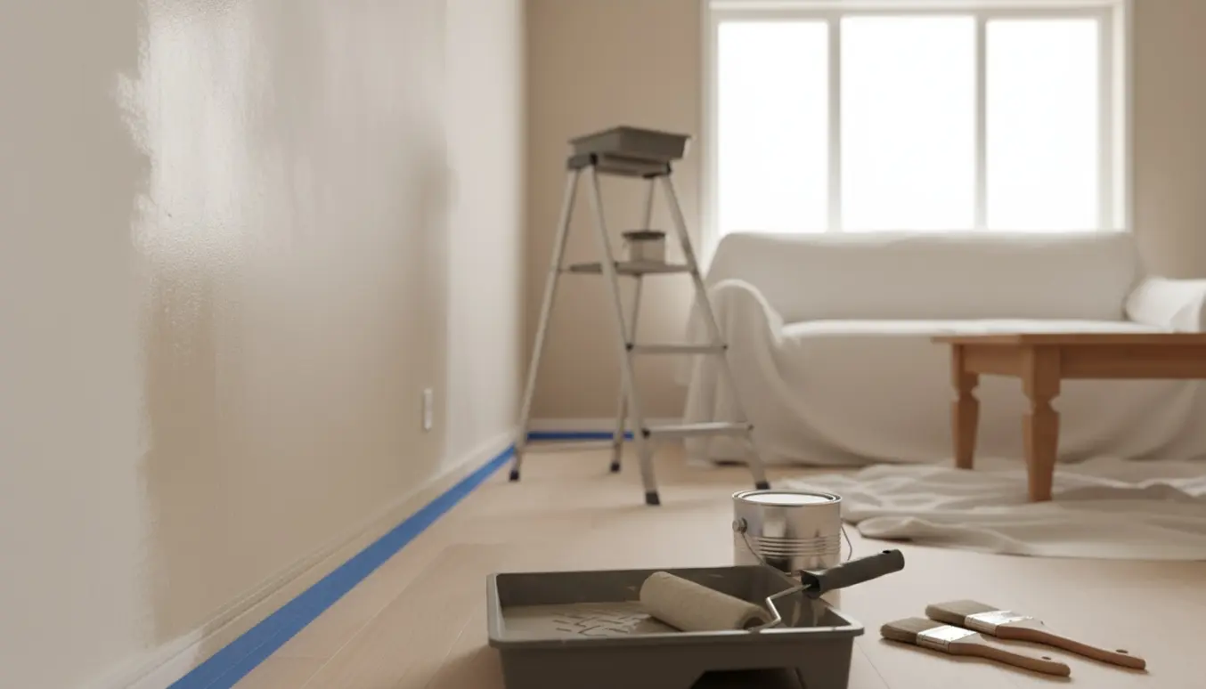 Stue under maling med malerulle, åben malerbøtte og afdækningsdug i blødt dagslys.