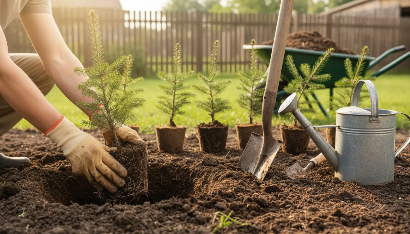 Hænder planter små grantræer i en baghave med spade, vandkande og frisk jord.