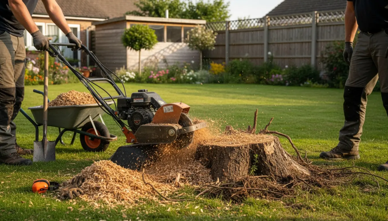 Rodfræsning i en privat have med en maskine, trillebør og en bunke flis ved en nylig fræset stub.