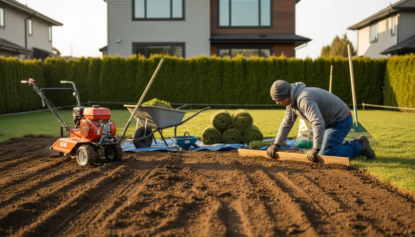 Stor villa­have efter jordvarme med fræset jord, udlagt rullegræs og haveredskaber klar til etablering.