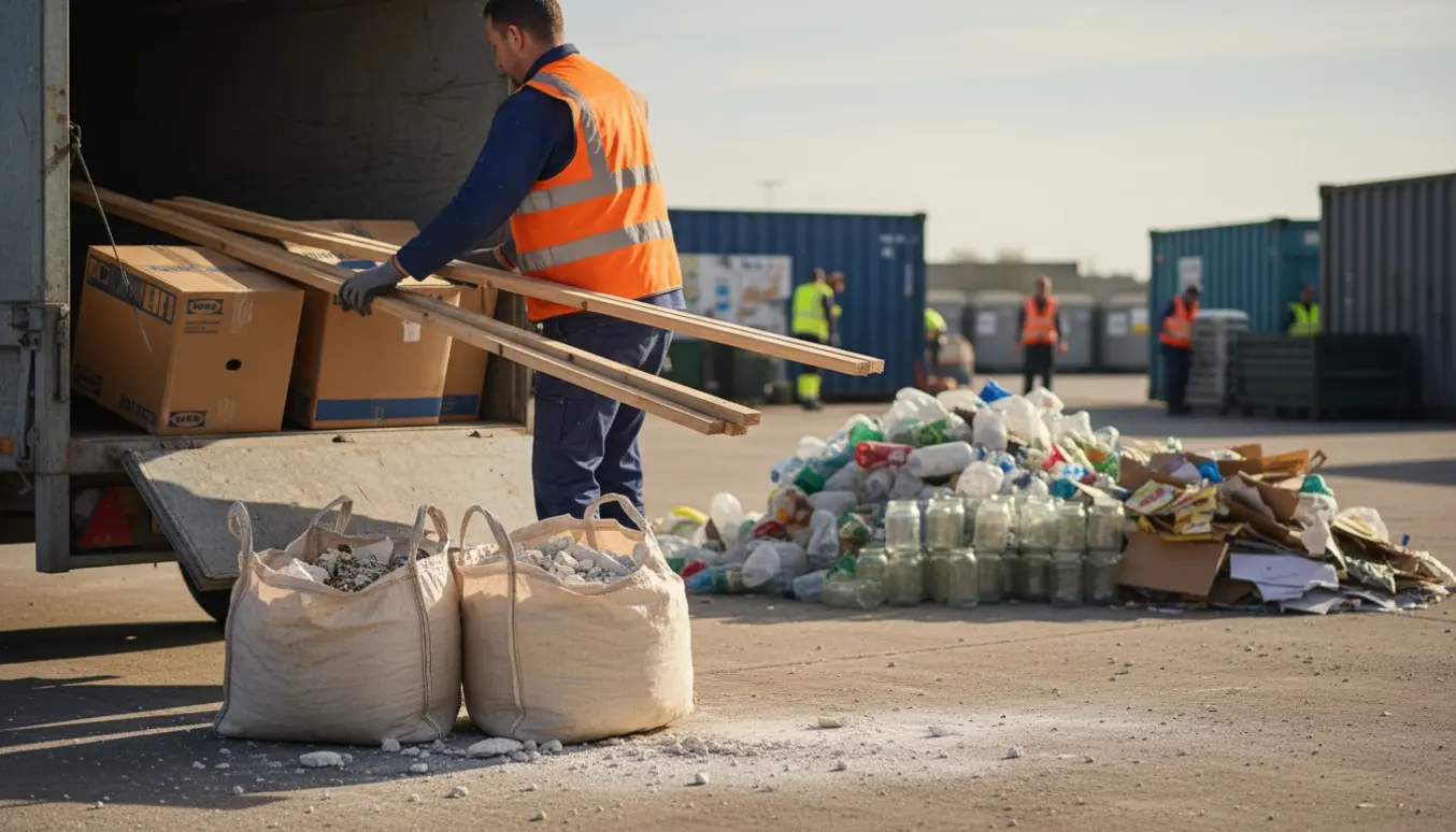 Person med ryggen til læsser sammenfoldet IKEA-karton, lange loftslægter og sække med puds af ved en genbrugsstation.