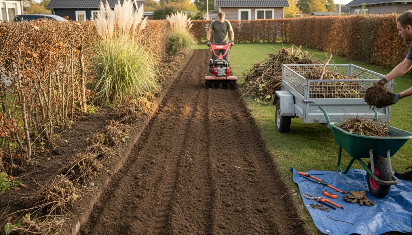 Rydning og fræsning af en lang jordstribe med bunker af beskårne buske og en fræser i arbejde.