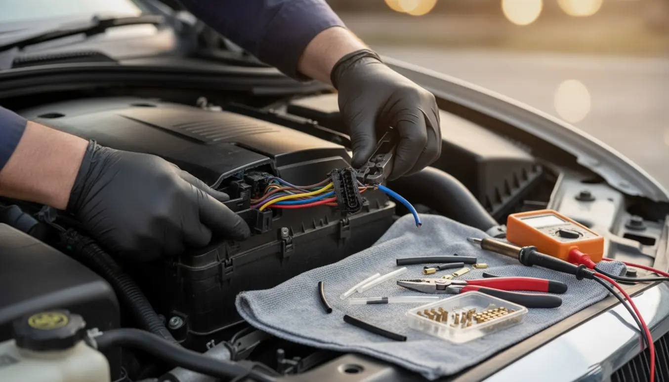 Nærbillede af hænder, der reparerer et beskadiget 9-huls bilstik til motorstyreenheden i et åbent motorrum.