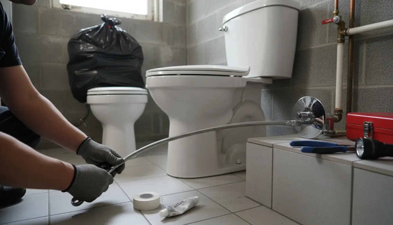 Hænder spænder vandtilslutning på et nyt toilet i kælderen ved siden af et nyt krom bruseblandingsbatteri.