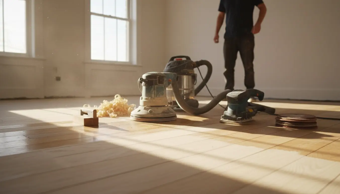 Halvt slebet trægulv med en gulvsliber, støvsugerslange og værktøj i et lyst rum, uden tydelige ansigter.