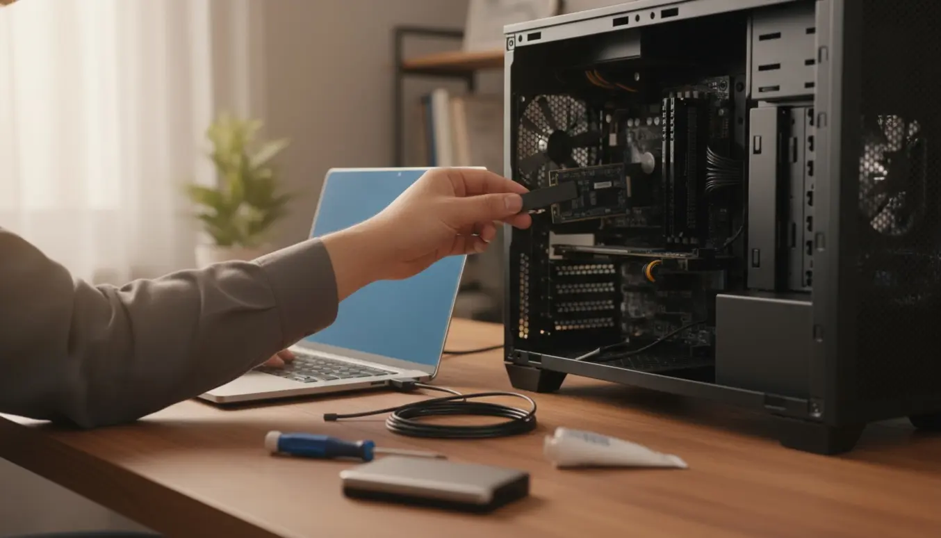 Hænder ved en åben pc og en bærbar med SSD og USB-stick, klar til at geninstallere Windows.