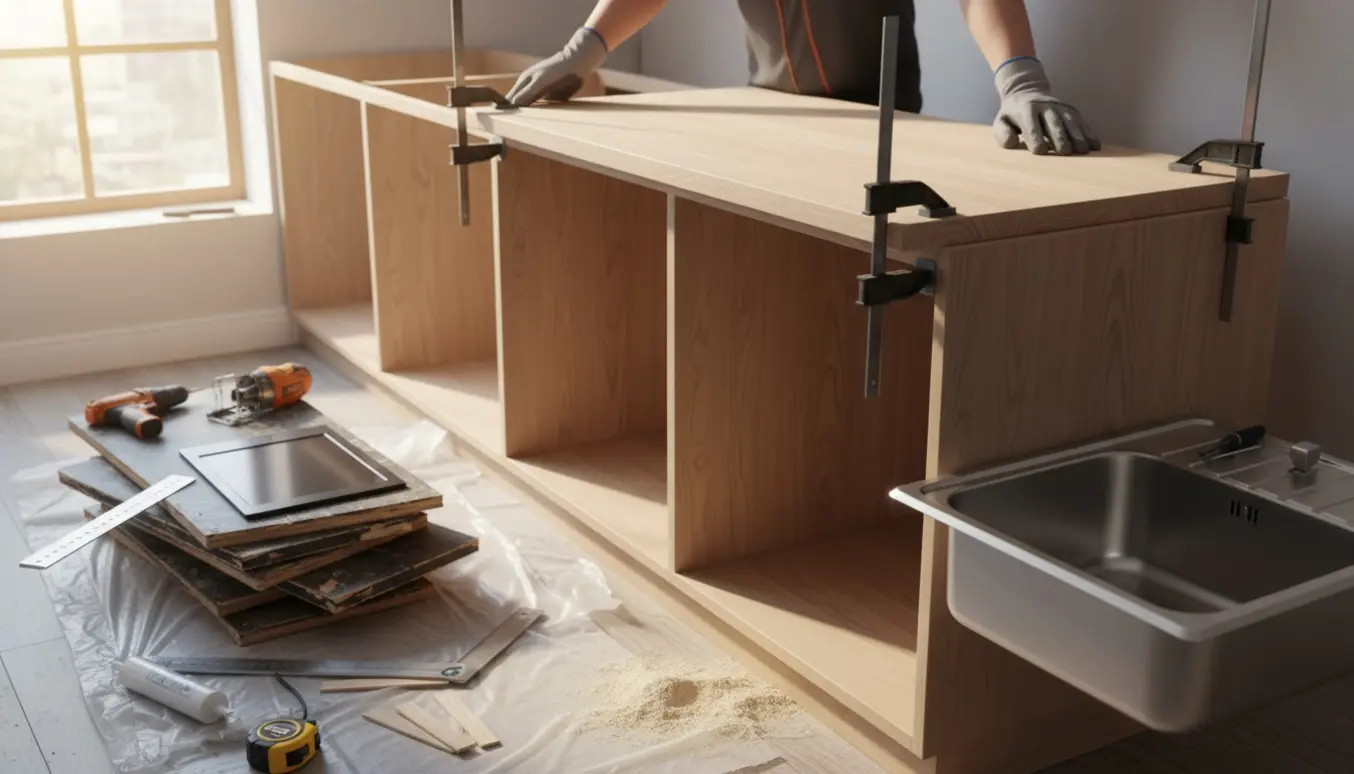 Lys træbordplade tilpasses i et køkken med vask og kogeplade klar til genmontering.