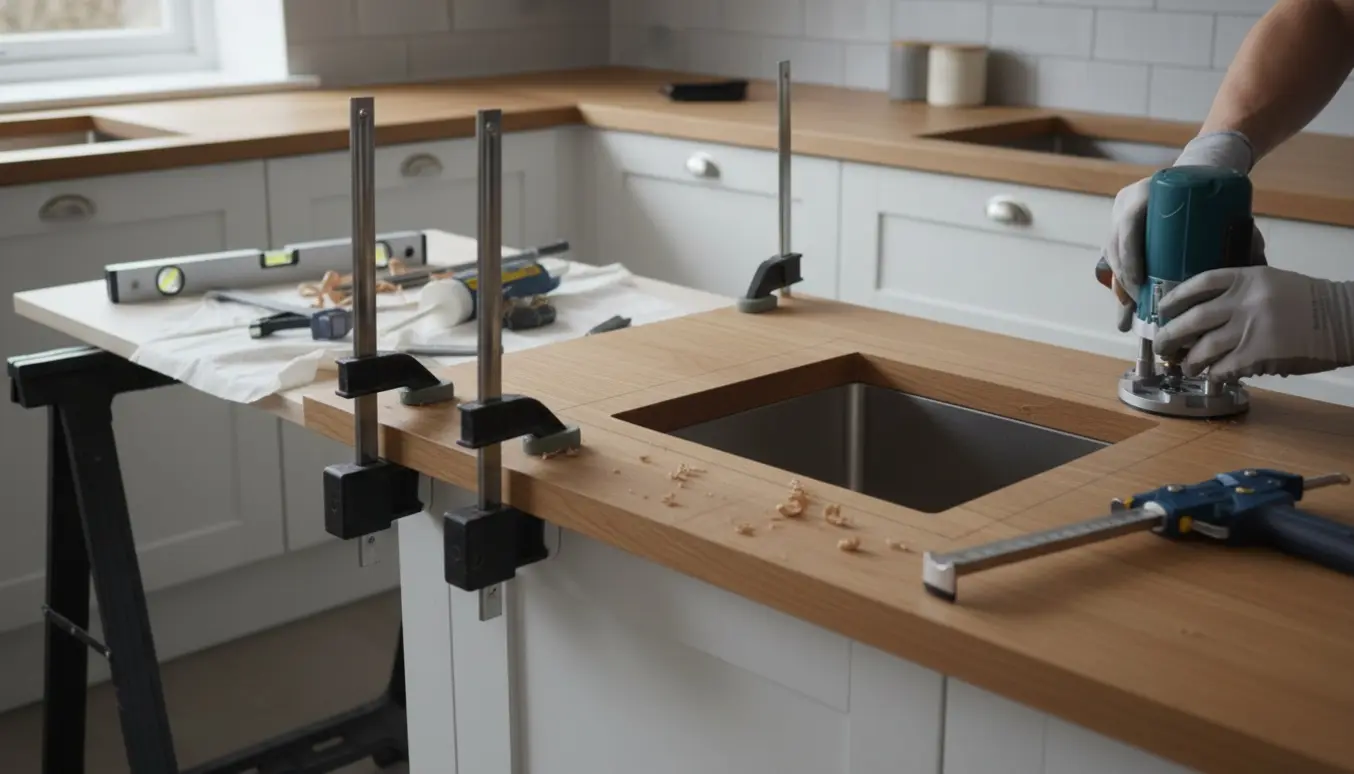 To træbordplader monteres i et moderne køkken med udskæring til underlimet vask og kogeplade.