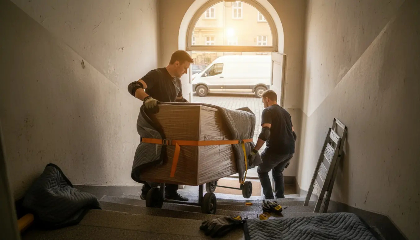 To flyttemænd bærer en indpakket træs skænk ned ad en smal trappe mod en varevogn.