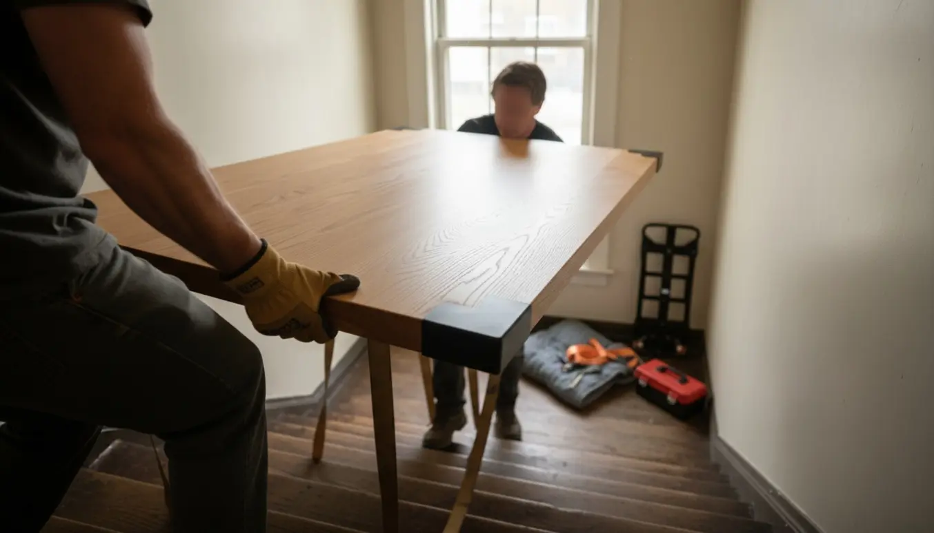 To personer bærer en massiv egetræs bordplade op ad en trappe i en opgang.