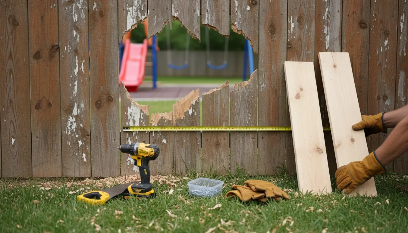 Nærbillede af reparation af hul i træhegn ved en legeplads med værktøj og handsker.