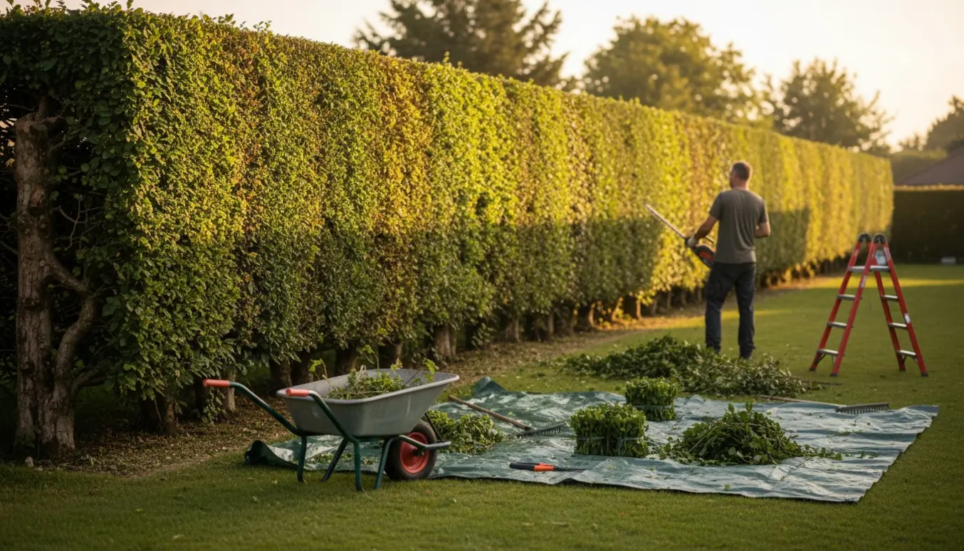 Moden bøgehæk i haven, nyligt klippet til omkring 2 meters højde med trimmer og opsamlede afklip i en skubvogn.