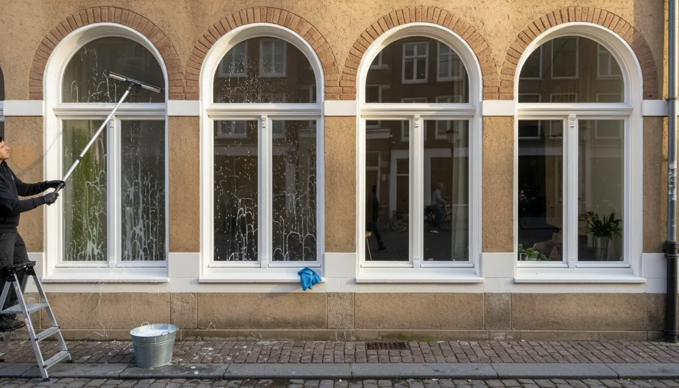 Vinduespudser pudser seks vinduespartier på 1. sal med skraber og spand på en gågade.