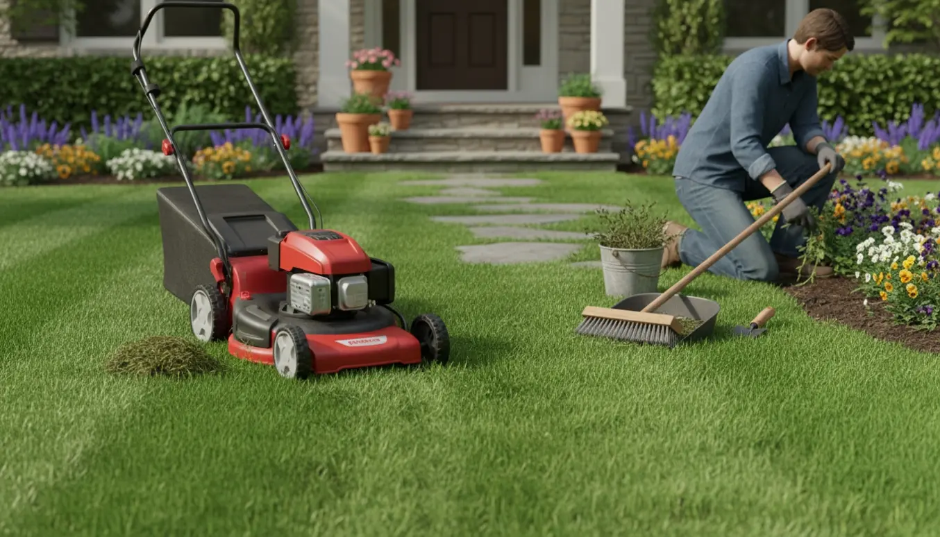 Person klipper græs foran huset med plæneklipper, fejer afklip og fjerner ukrudt.