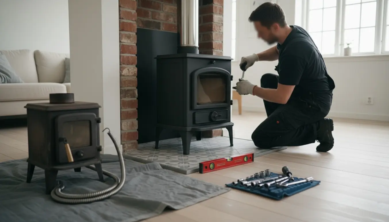 Installatør tilslutter en ny støbejernsbrændeovn til en eksisterende skorsten i et lyst dansk stuehjørne.