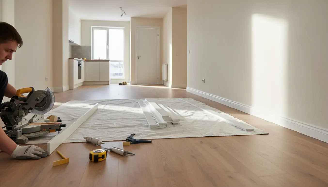 Delvist monterede hvide fodpaneler i et lyst hjem med værktøj og skarpe mitrehjørner i fokus.